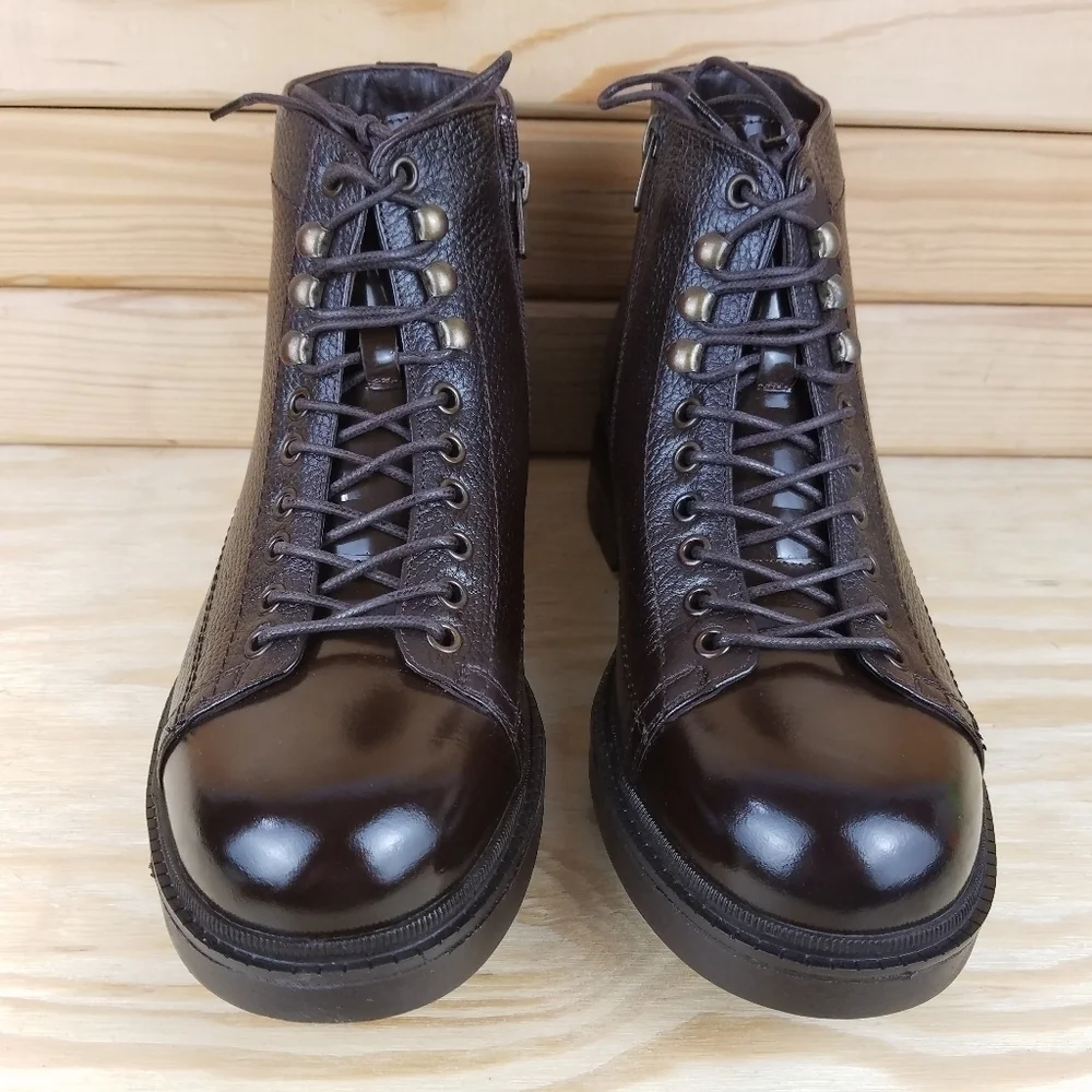 Men's 10 US 100% Genuine Leather Brown Ankle Boots Paul Branco Side Zip Lace-up